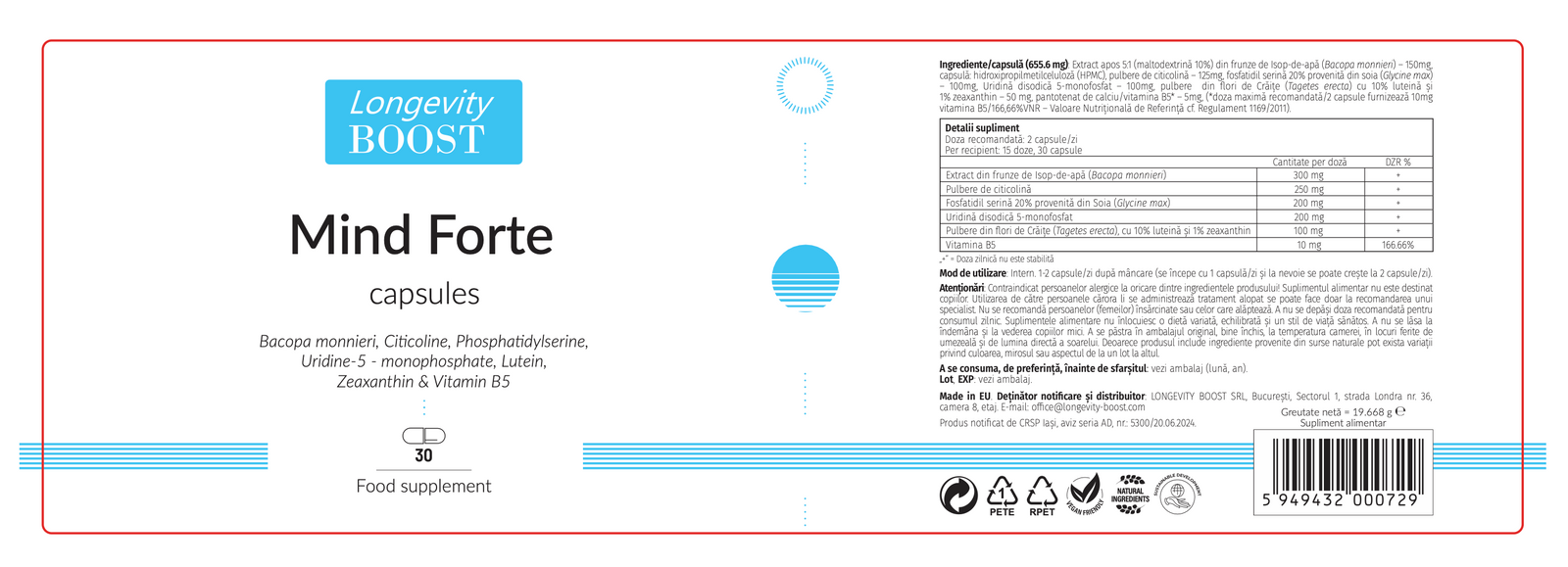 Etichetă completă Mind Forte, 30 capsule, Longevity BOOST