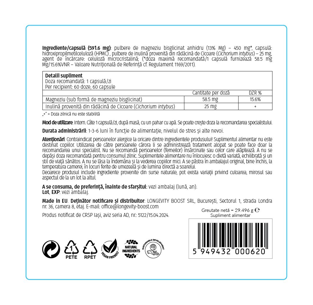 Etichetă completă Magnesium Bisglycinate Boost, 60 capsule, Longevity BOOST