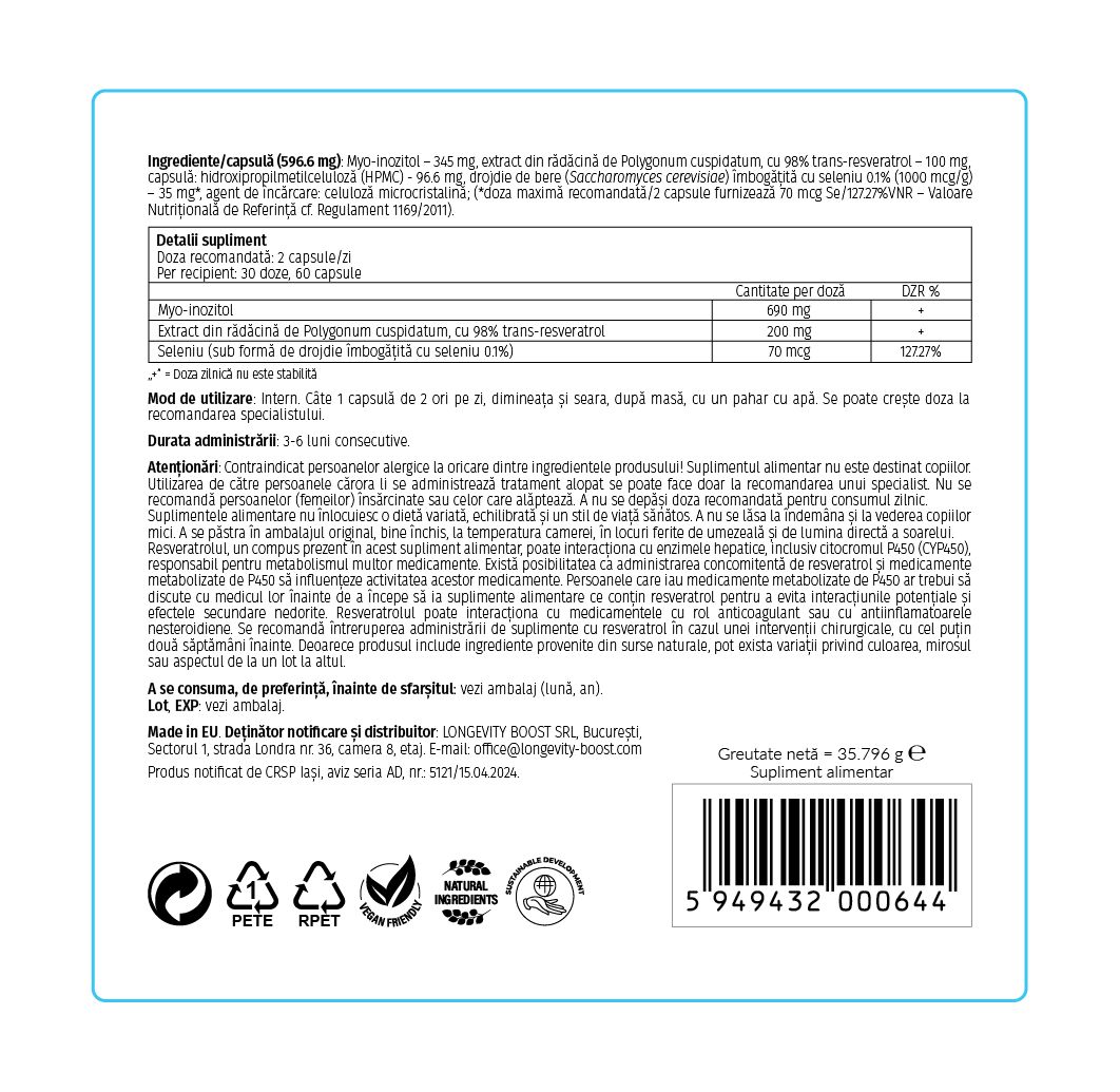 Etichetă completă Se-Inositol Boost, 60 capsule, Longevity BOOST