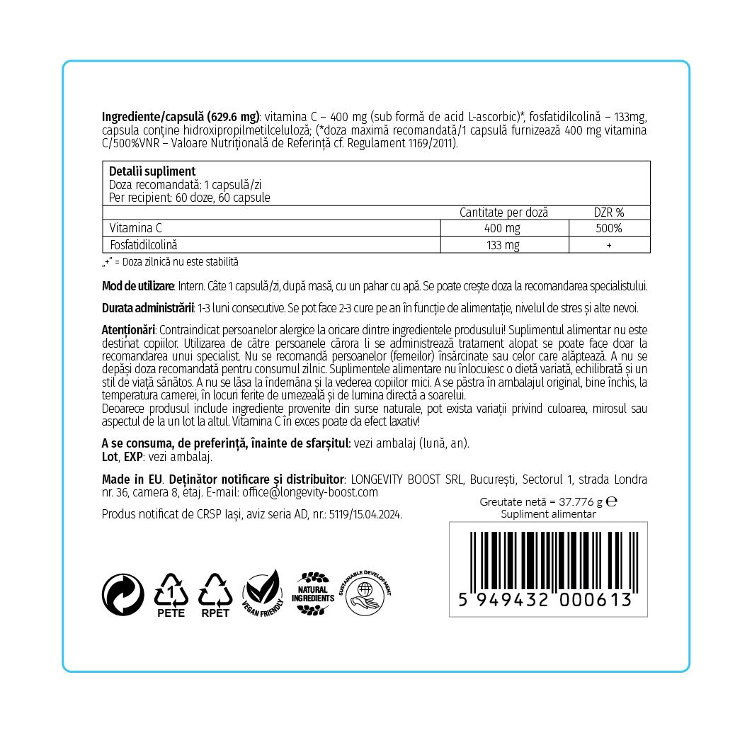 Etichetă completă Liposomal Vitamin C Boost, 60 capsule, Longevity BOOST